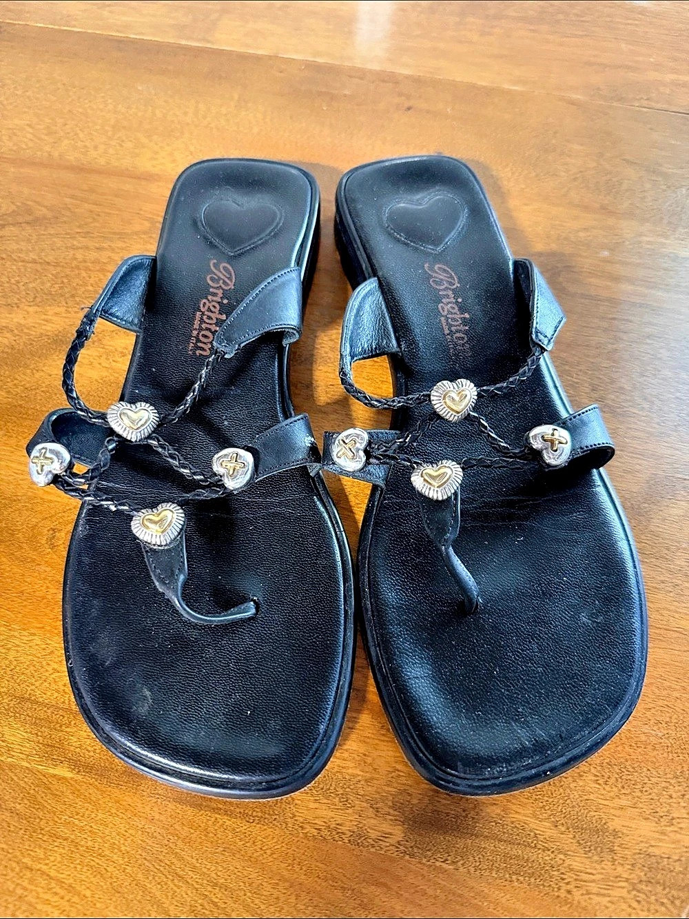Brighton June Black Leather Heart Thong Sandals EU 38